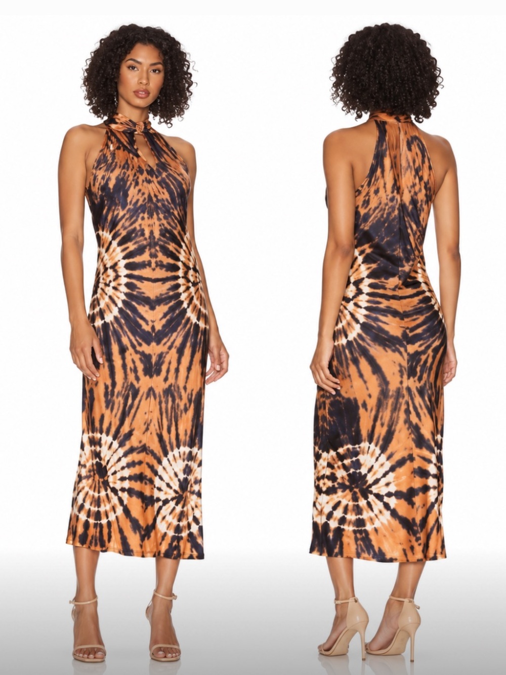 YOUNG FABOLOUS & BROKE Orange Tie-Dye Midi Dress